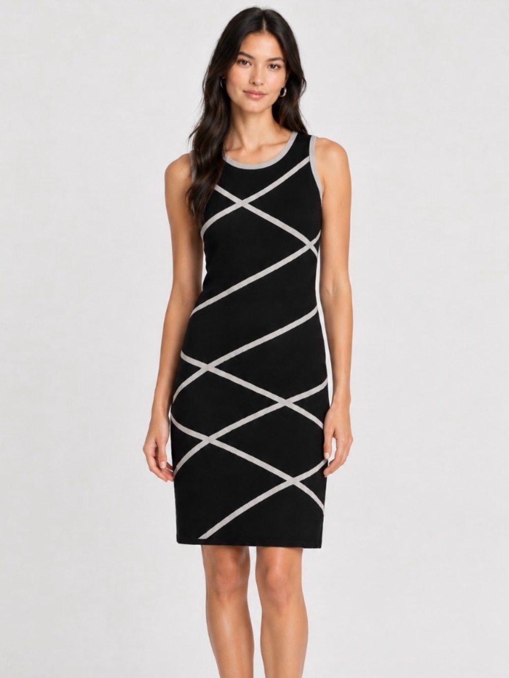 Black Sleeveless Knit Monochrome Striped Midi Dress Career Office Workwear Sz S
